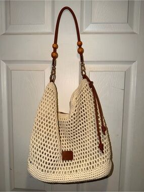 Cream Crochet Hobo Shoulder Bag with Brown Leather Trim